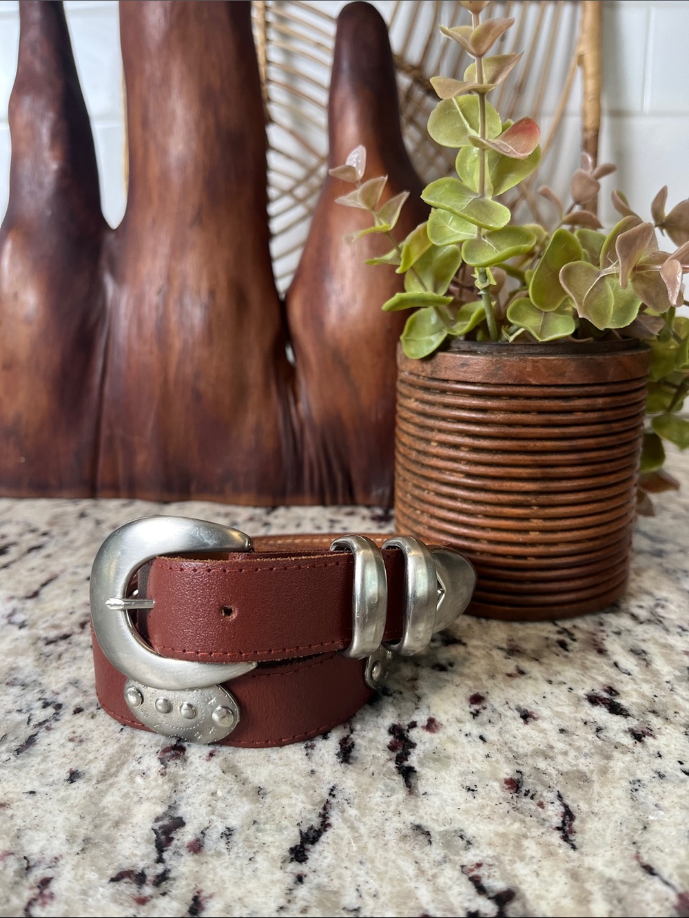 AXCESS. Chestnut Brown Leather Belt with Silver Buckle